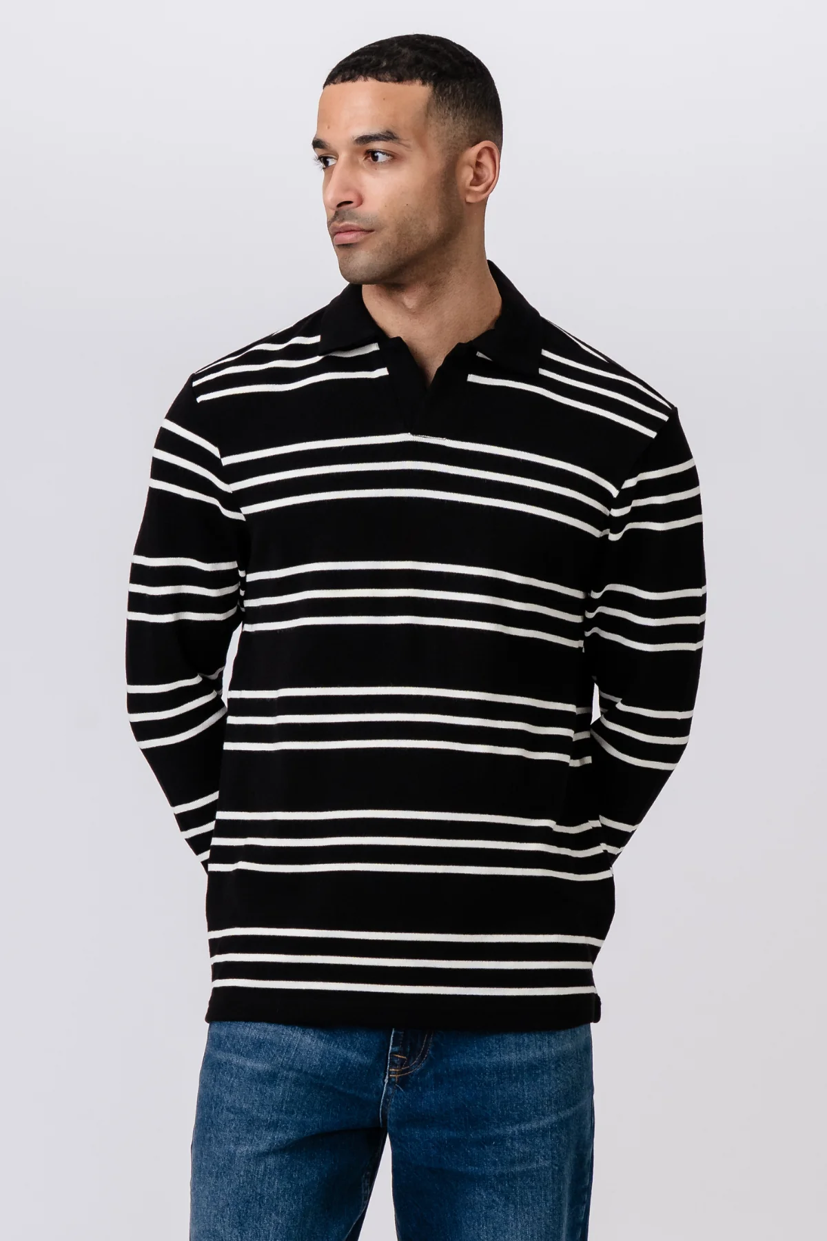 Gestreiftes Langarm-Polo - Schwarz