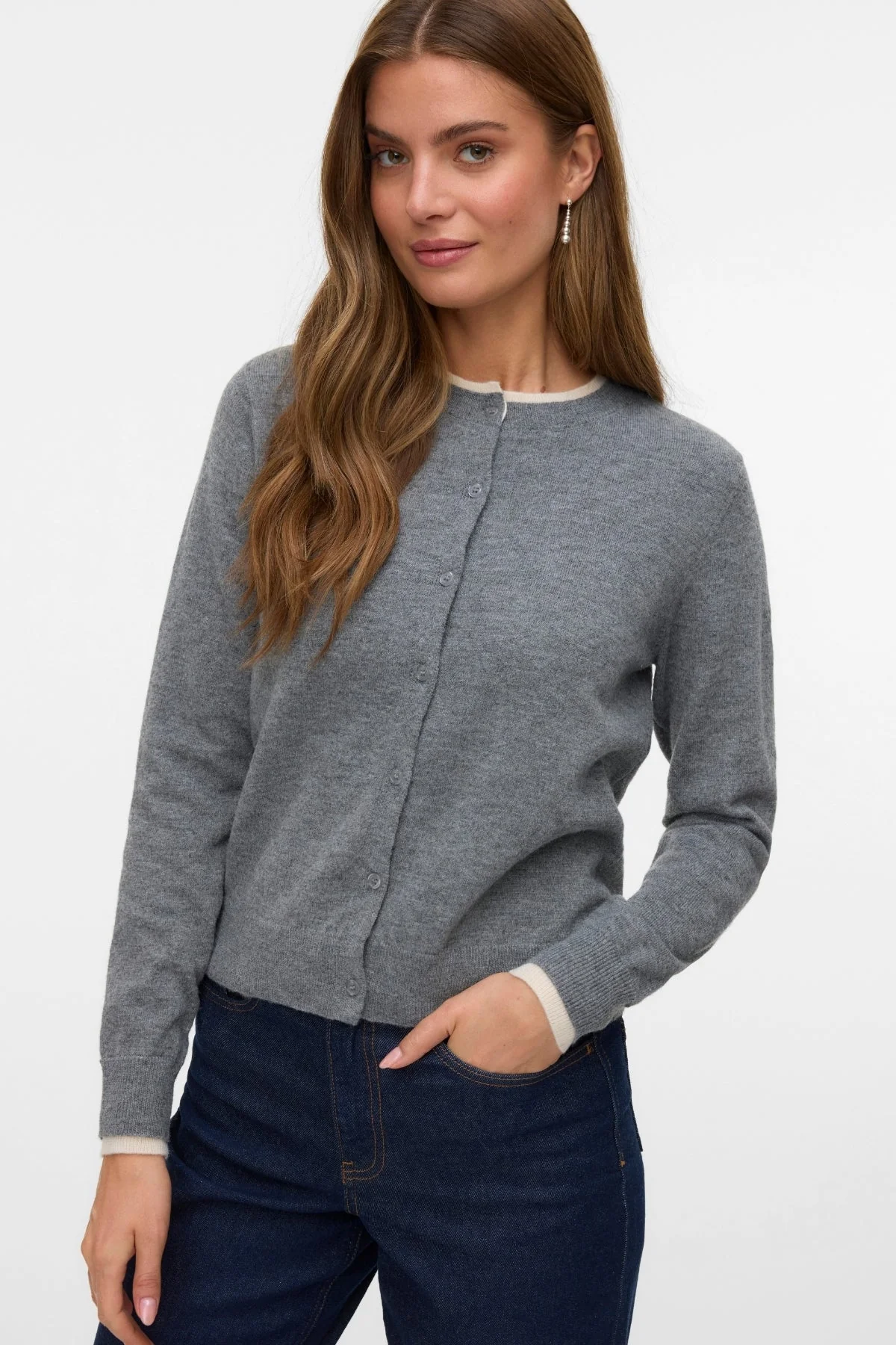 Wundervoller O-Neck Cardigan -Medium Grey Melange m. Birke